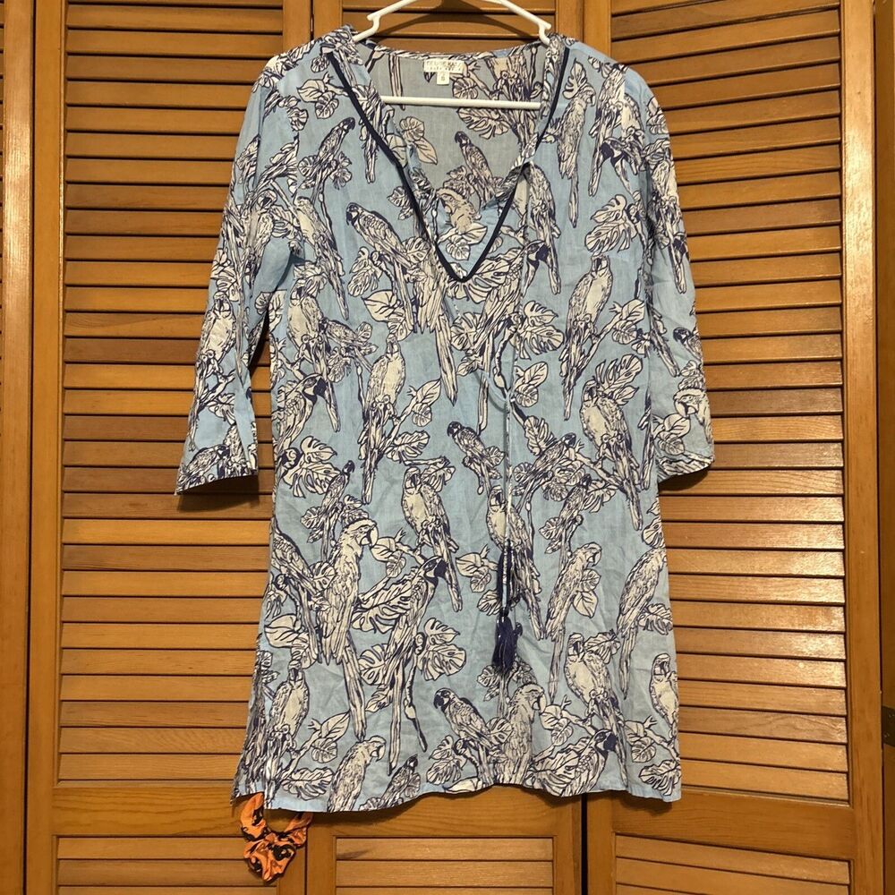 Debbie Katz lucky Parrots drawstring cover up in White Blue Small